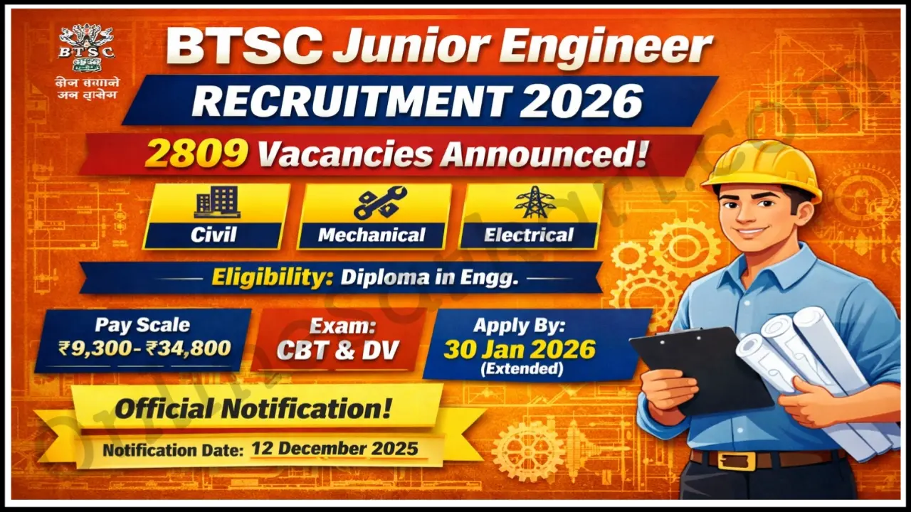 BTSC Junior Engineer Recruitment 2026 Notification Out 2809 JE Posts, Apply Online