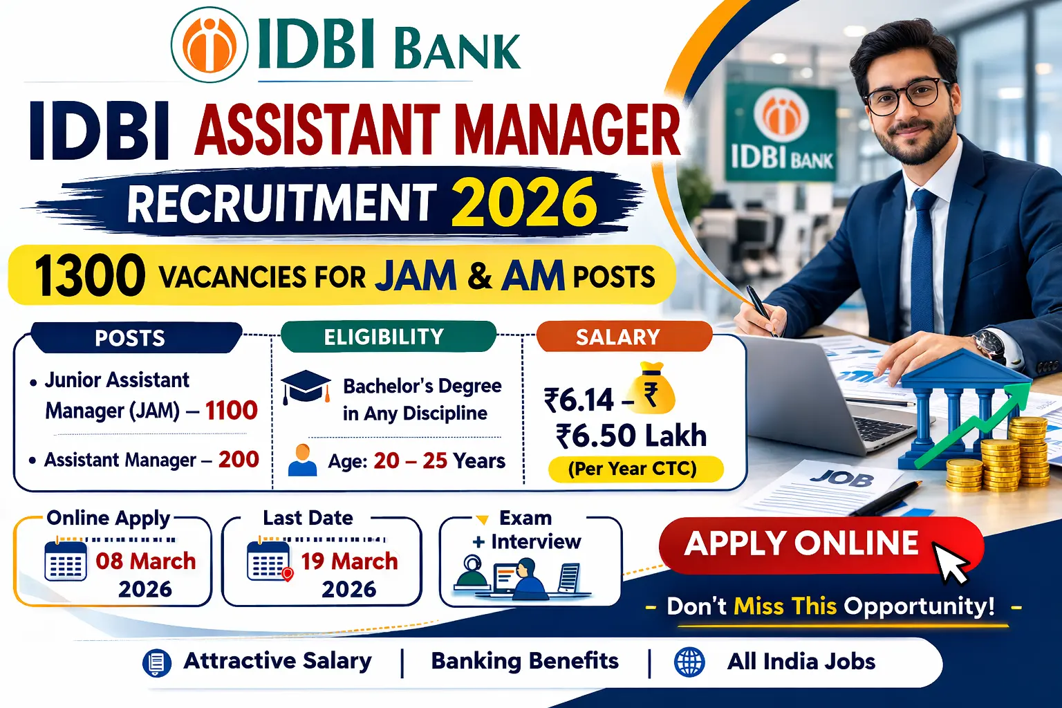 IDBI Assistant Manager Recruitment 2026 Notification Released for 1300 JAM & AM Posts, Apply Online